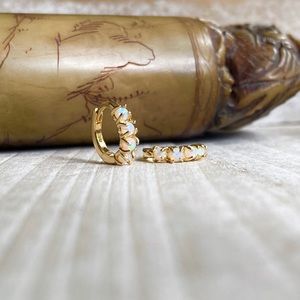 18K Yellow Gold Opal Paved Small Huggie Hoop Earrings